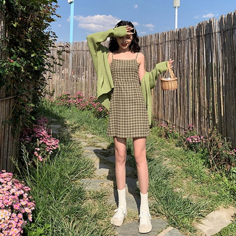 2024 Summer High Waist Avocado Green Vintage Plaid Dress Women Summer Korean A Line Design Sundress Elegant Sexy Slim Mini Dress SH Walmart