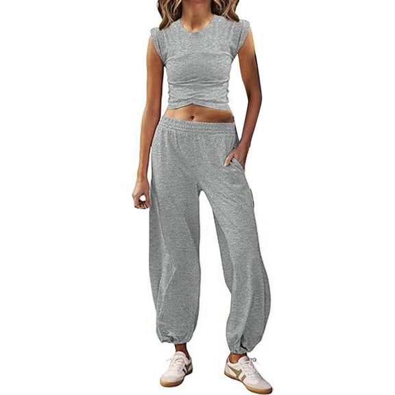 BLOCLOALO 2 Piece Lounge Set Short Sleeve Shirts Womens Crop Tops Wide Leg Pants Set Workout Sets Summer Sweatsuit Plus Size Workout Sets Sweatpants and Sweatshirt Set Lightweight Lounge Sets Gy1 L