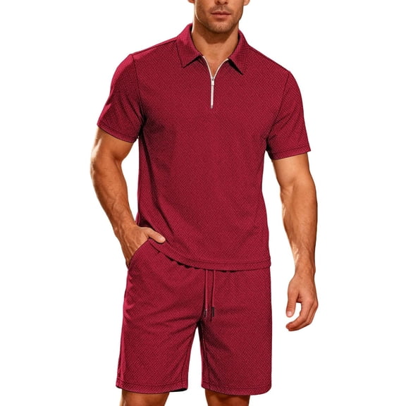 Two Piece Summer Outfit Mens Vacation Short Sleeve Tshirts & Shorts Matching Set 1/4 Zip Collar Clothes (XL, Wine)