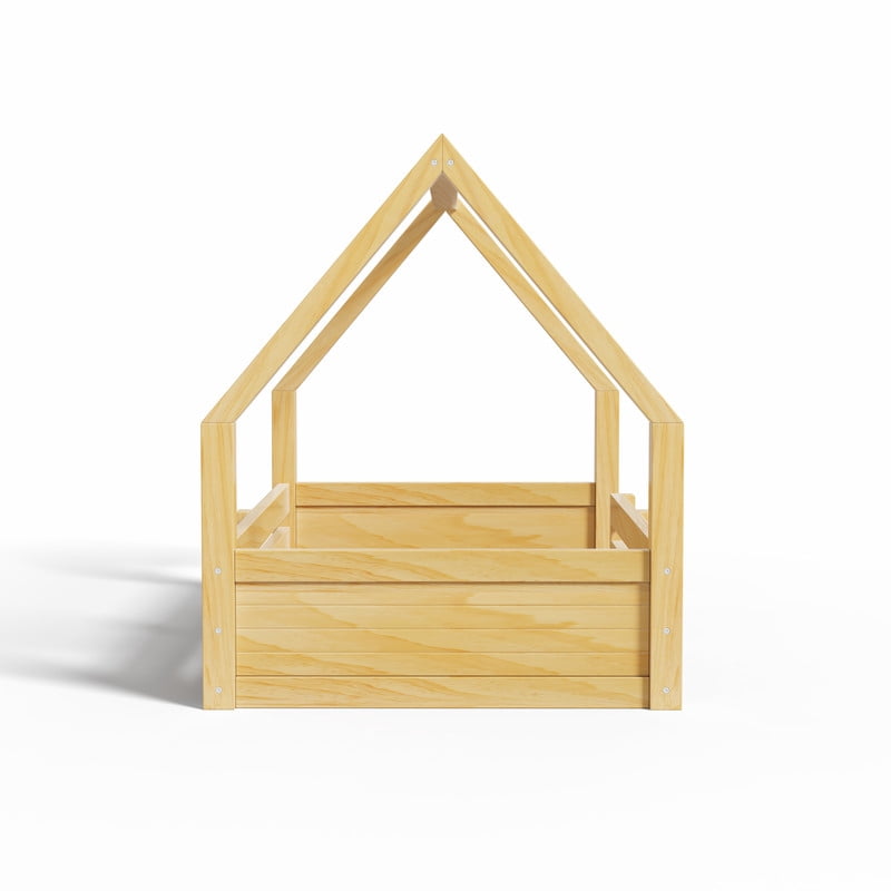 Twin Size Kids House Floor Bed, Wooden Platform Bed Frame with Open Roof Frame, Child Bed with Fence Guardrails