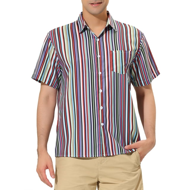 Lars Amadeus Men's Short Sleeve Button Down Stripes Color Block Printed Shirts S Purple Green