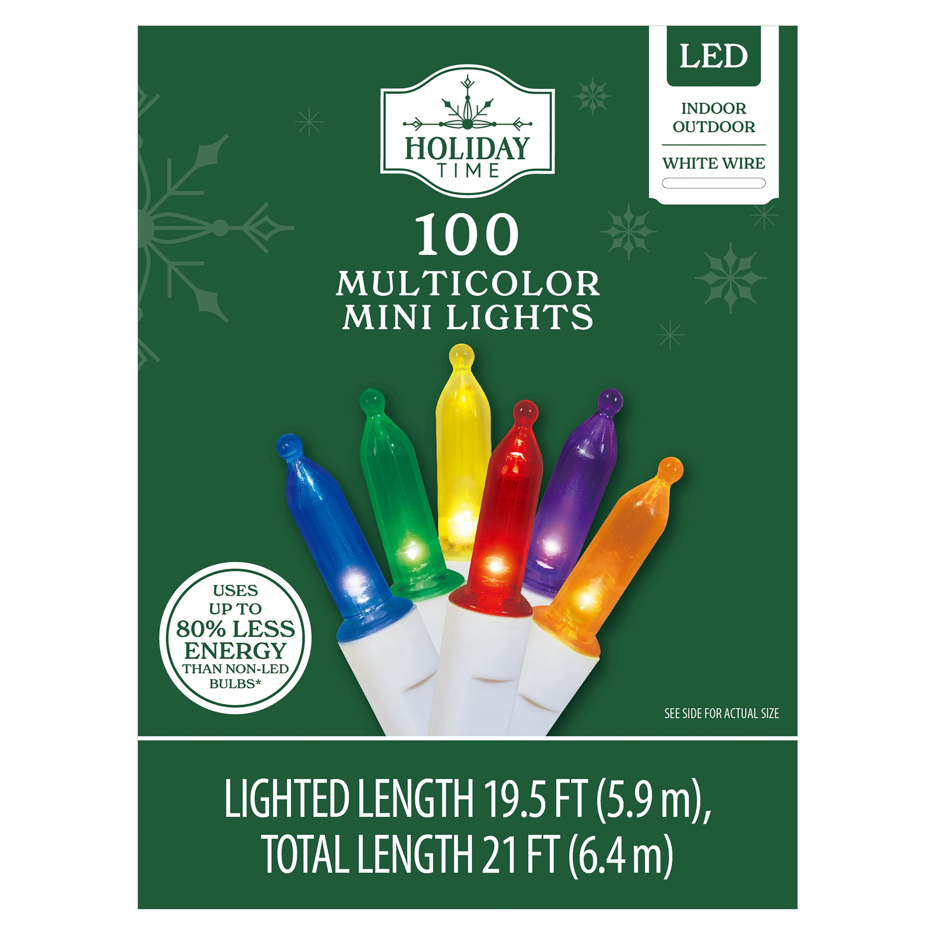 Indoor/Outdoor 100-Count LED Mini Christmas String Lights, Multicolor, White Wire, 19.5', by Holiday Time