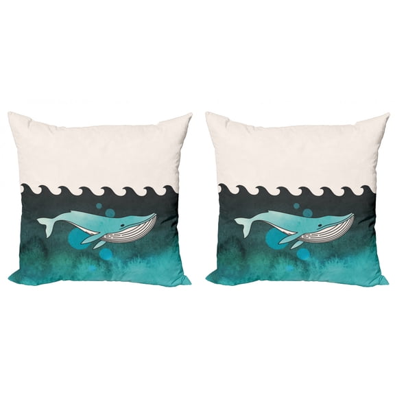 Ambesonne Animal Throw Pillow Cover 2 Pack, Whale near Palm Island, 20", Green and Blue