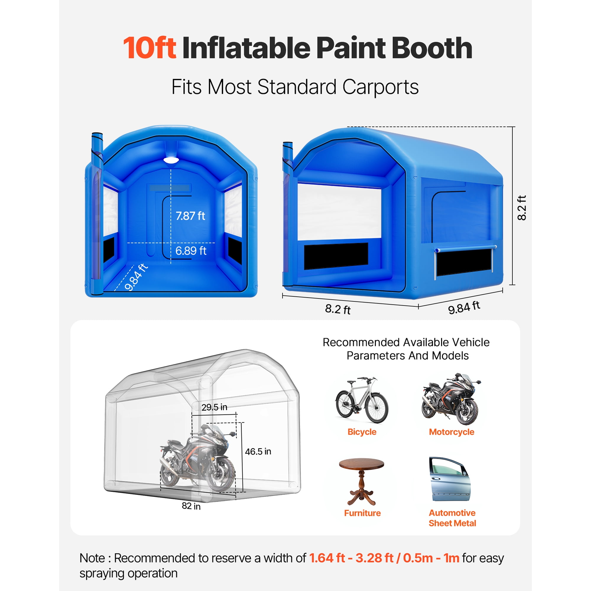 KFFKFF Inflatable Paint Booth, 9.84 x 8.2 x 8.2 ft, Spray Tent with 550W Blower and Air Filtration, Rounded Roof Design, Suitable for Painting Bikes, Motorcycles, and Vehicle Panels