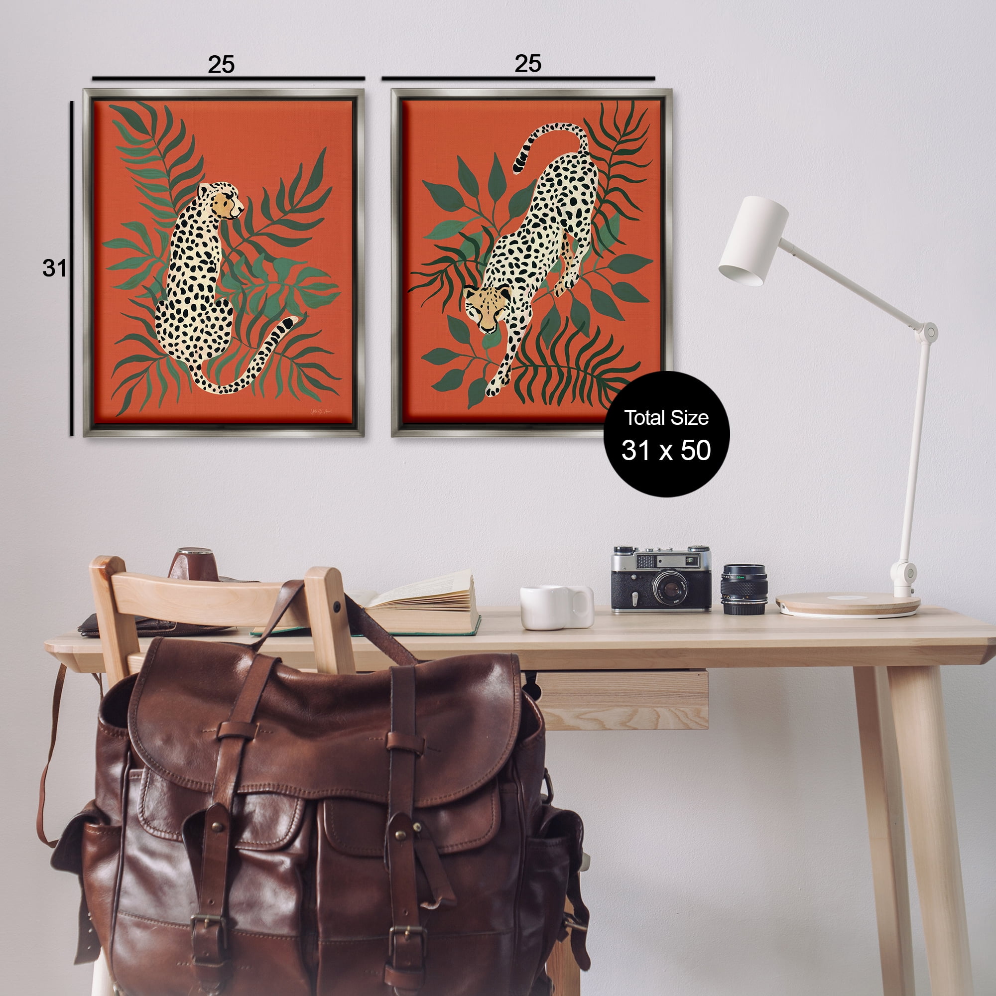 Stupell Industries Sitting Cheetah Prowling Jungle Animals Painting Gray Floater Framed Canvas Art Print Wall Art, 31 x 25, Set of 2