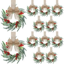 Guvpev 12PCS Mini Wreaths for Kitchen Cabinet 12 Inch Small Christmas Wreath with Burlap Ribbon Red Berry and Eucalyptus Leaves for Xmas Window Front Door Fireplace Chair Farmhouse Hanging Decor