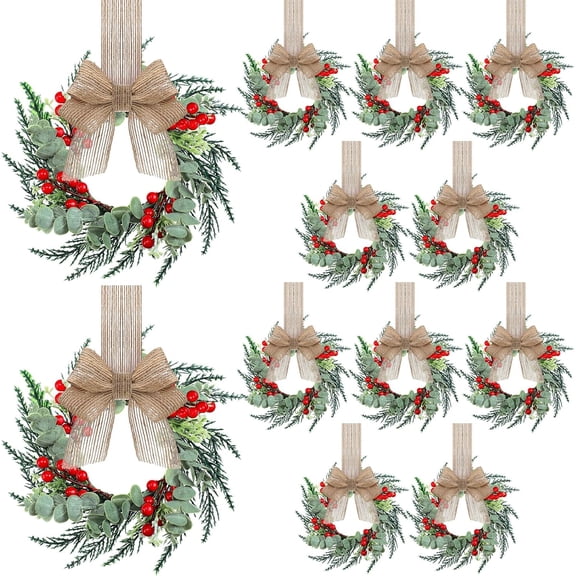 Guvpev 12PCS Mini Wreaths for Kitchen Cabinet 12 Inch Small Christmas Wreath with Burlap Ribbon Red Berry and Eucalyptus Leaves for Xmas Window Front Door Fireplace Chair Farmhouse Hanging Decor