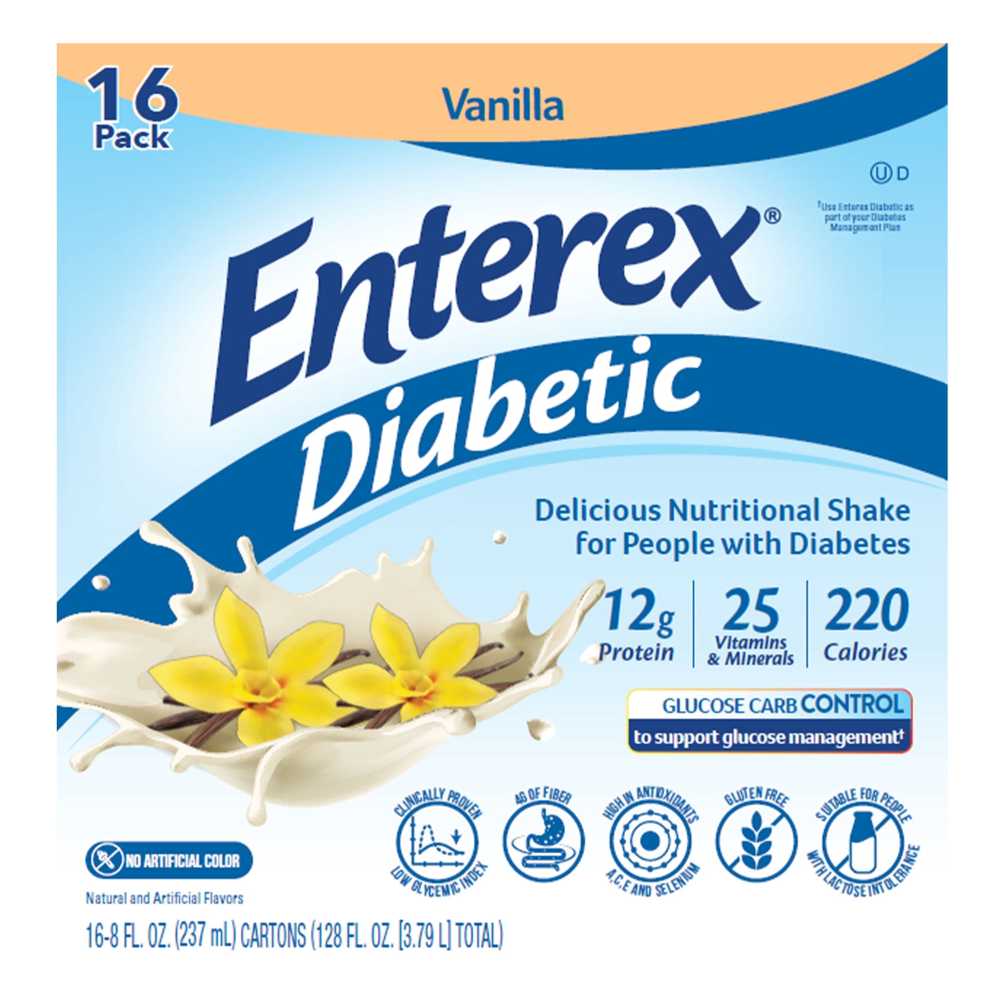 Enterex Diabetic Nutritional Meal Replacement Shake,for People with Diabetes, Vanilla, 8 Fl oz Carton, 16 Pack