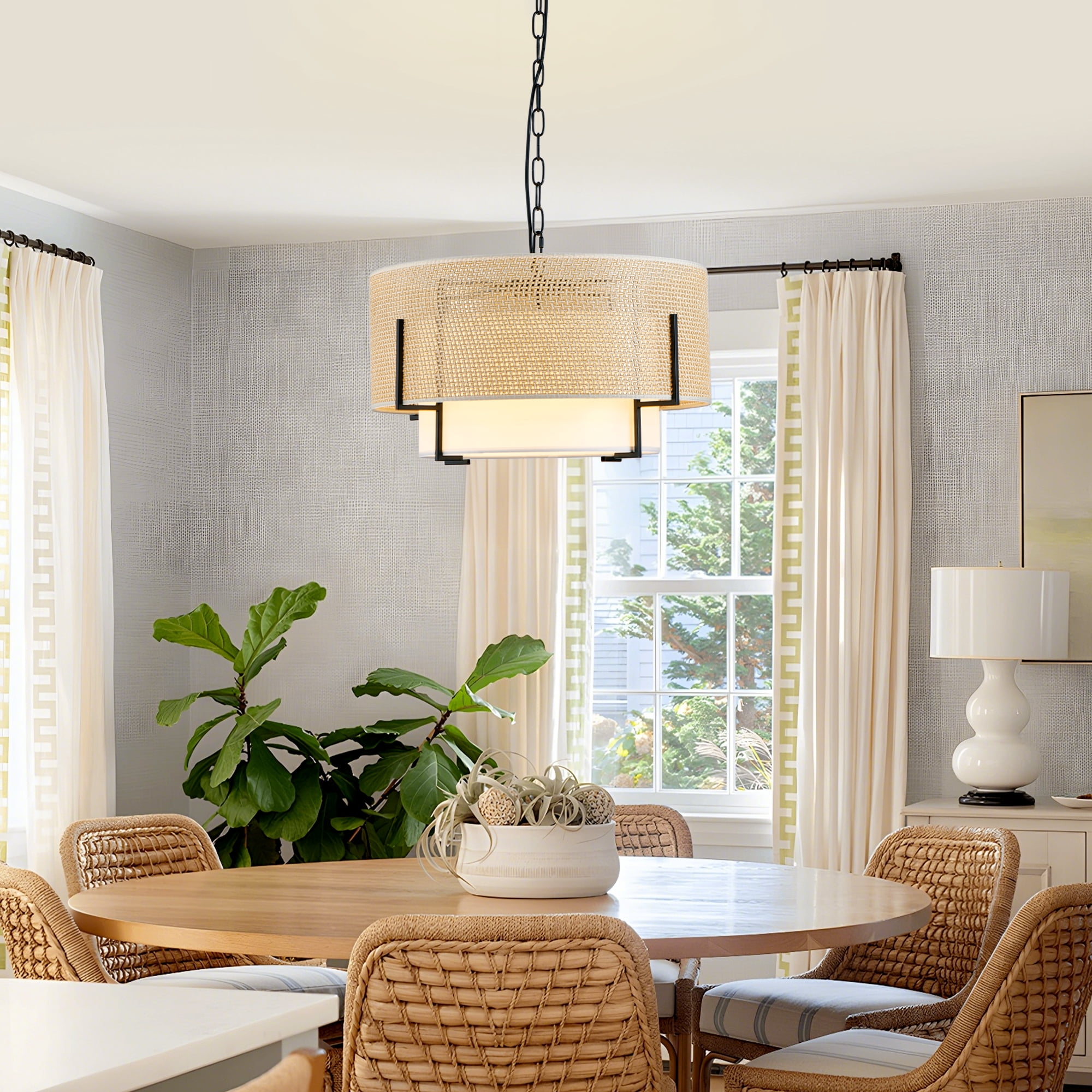 Leumius 4-Light Farmhouse Boho Chandelier, 19.7'' Hand Woven Rattan Pendant Light with Fabric Shade Rustic Drum Chandelier for Dining Room Kitchen Bedroom Foyer Entryway Living Room