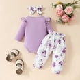 thumbnail image 4 of Sopiago Baby Girl Clothes Newborn Infant Outfits Long Sleeve Ruffle Romper+ Floral Pants + Cute Headband Sets Baby Clothes for Girls 12-18 Months,Light Purple, 4 of 7