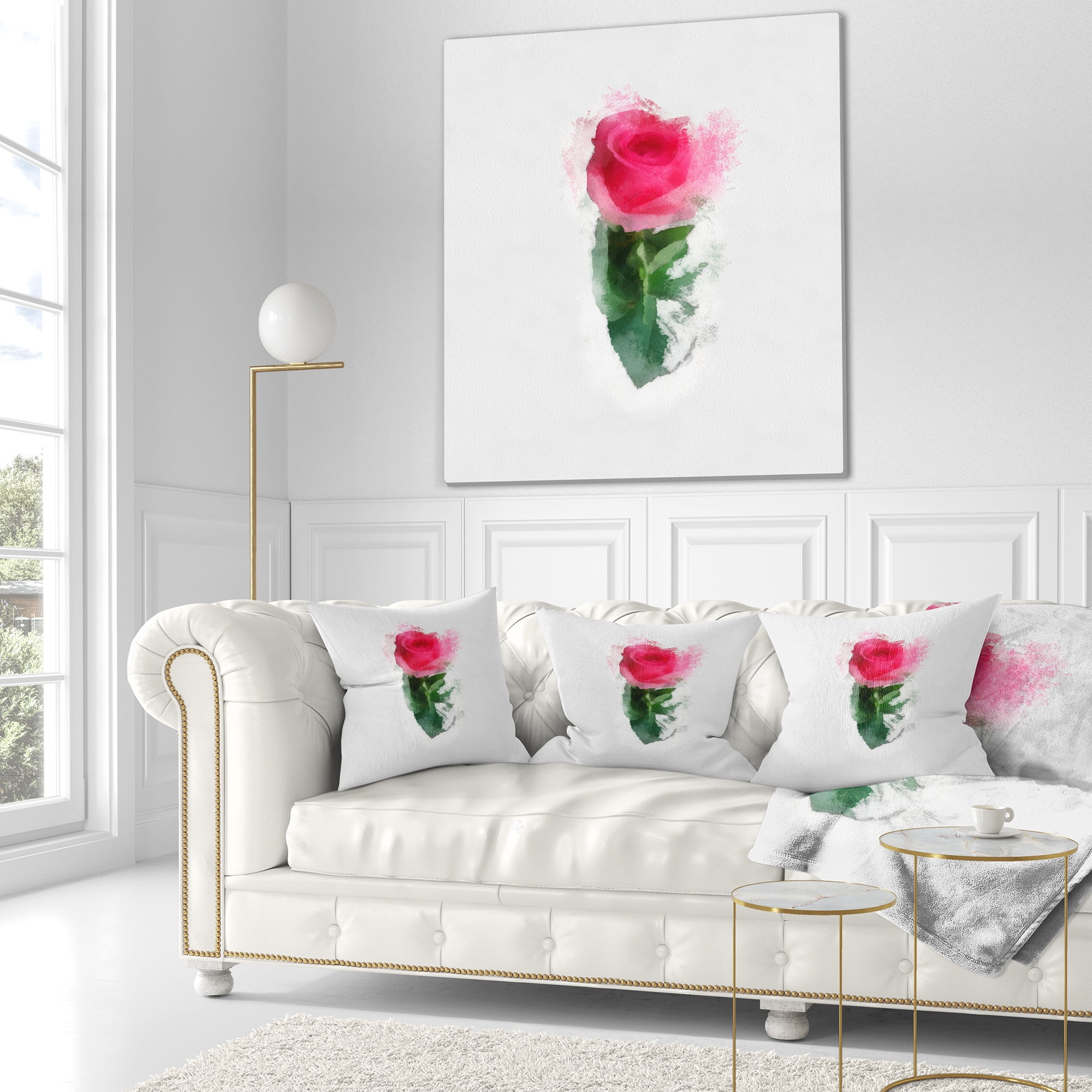 Designart Beautiful Rose with Leaves Drawing - Floral Throw Pillow - 18x18