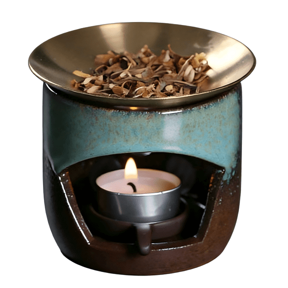 Rustic Ceramic Wax Melt Warmer with Removable Brass Bowl Tealight Candle Oil Burner for Essential Oils Vintage Aromatherapy Diffuser Home Decor Blue