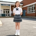 thumbnail image 6 of Cotton Two Piece Skirt Set for Girls Summer Puff Sleeve Collared Top Plaid Skirt Bow Tie Preppy School Uniform Outfit for Class Photos Party Recital, 6 of 6