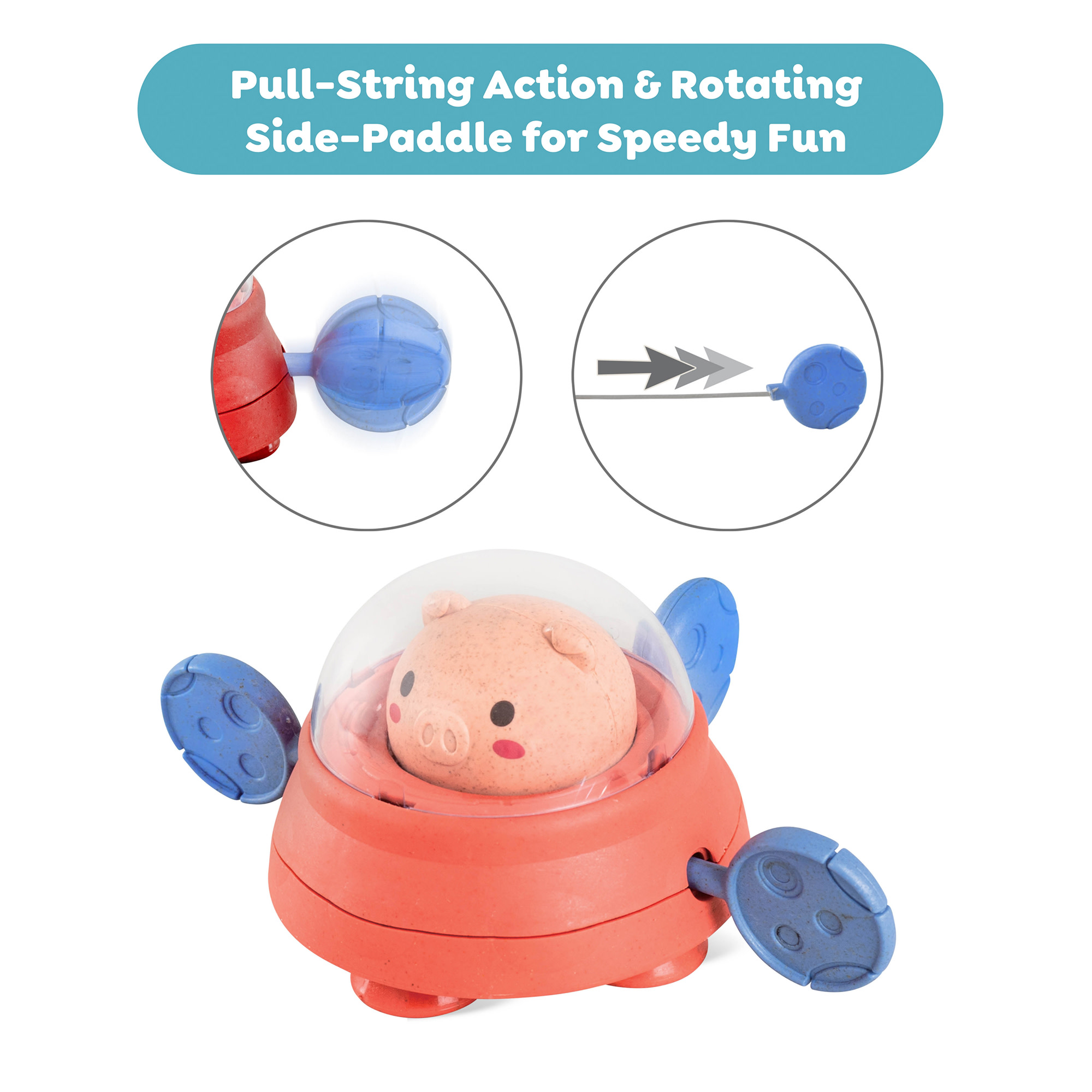 Tiger Tribe Paddle Ship Bath Toy - Space Piggy Floating Toy with Pull String Action, Non-toxic, Eco-friendly for Toddlers 18mo+, Develops Motor Skills
