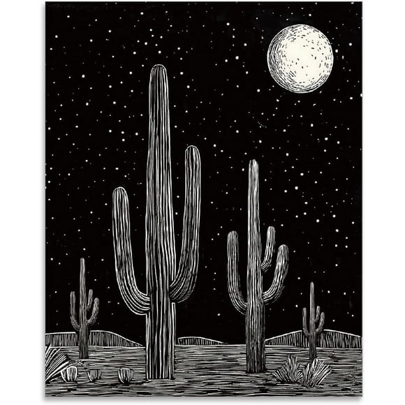 Cacti under the Moon Wall Prints Vintage Wall Art Posters Wall Posters Prints for Walls Plants Wall Painting for Bedroom Artwork Aesthetic Posters for Bedroom Unframed 28x35cm