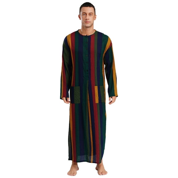 Mufeng Men's Thobe Muslim Loose Fit Stripe Robe Islamic Robe Multicolor Arabic Thobe with Pocket Red Green M