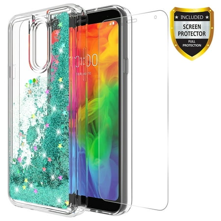 LG Q7 Case, LG Q7+ Case, LG Q7 Plus Case With Tempered Glass Screen Protector, KAESAR Quicksand Glitter Sparkly Bling Liquid Shiny Clear Soft TPU Bumper Protective Cover for LG Q7 (Teal)
