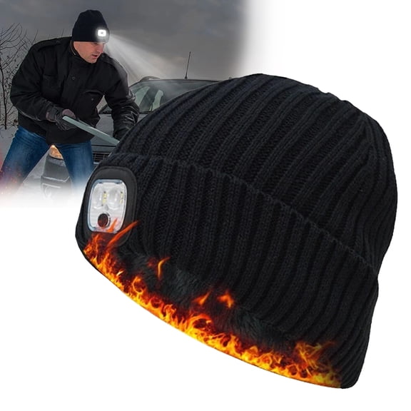 HOMEYA Mens LED Beanie Fleece Lined Winter Hats, USB Rechargeable Warm Knited Cuffed Hat with Light Built in, Black