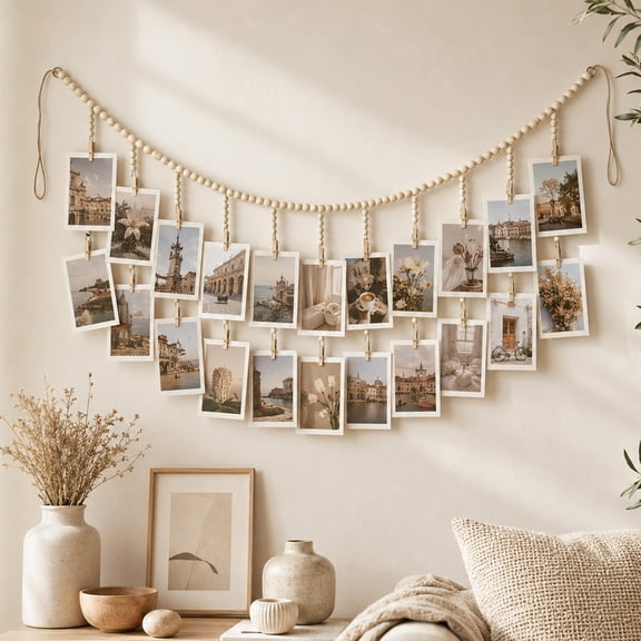 Boho Photo Display Rack, Wooden Two-Tier Wall-Hanging Picture Organizer with Decorative Beads, Rustic Holder for Photos, Postcards, Artwork, Notes, Living Room, Bedroom, Dorm & Office Decor