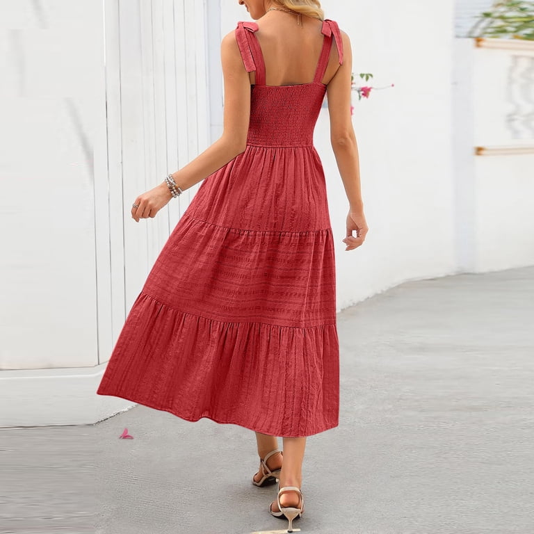 Zpanxa Women's Solid Strappy Square Neck Dress Sleeveless Knee Length Summer Boho Dress, Size: Large, Red Zpanxa Women's Solid Strappy Square Neck Dress Sleeveless Knee Length Summer Boho Dress, Size: Large, Red