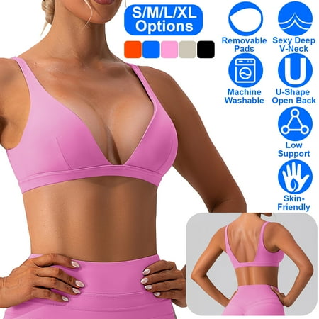 Moclever Women Deep V-Neck Sports Bra  Padded Strappy Crop Open Back Sports Bra with Removable Pads for Running Gym Yoga
