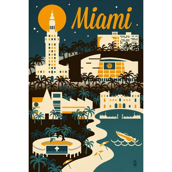 Art.com Miami, Florida - Retro Skyline Art Print by Lantern Press, 12" x 18"