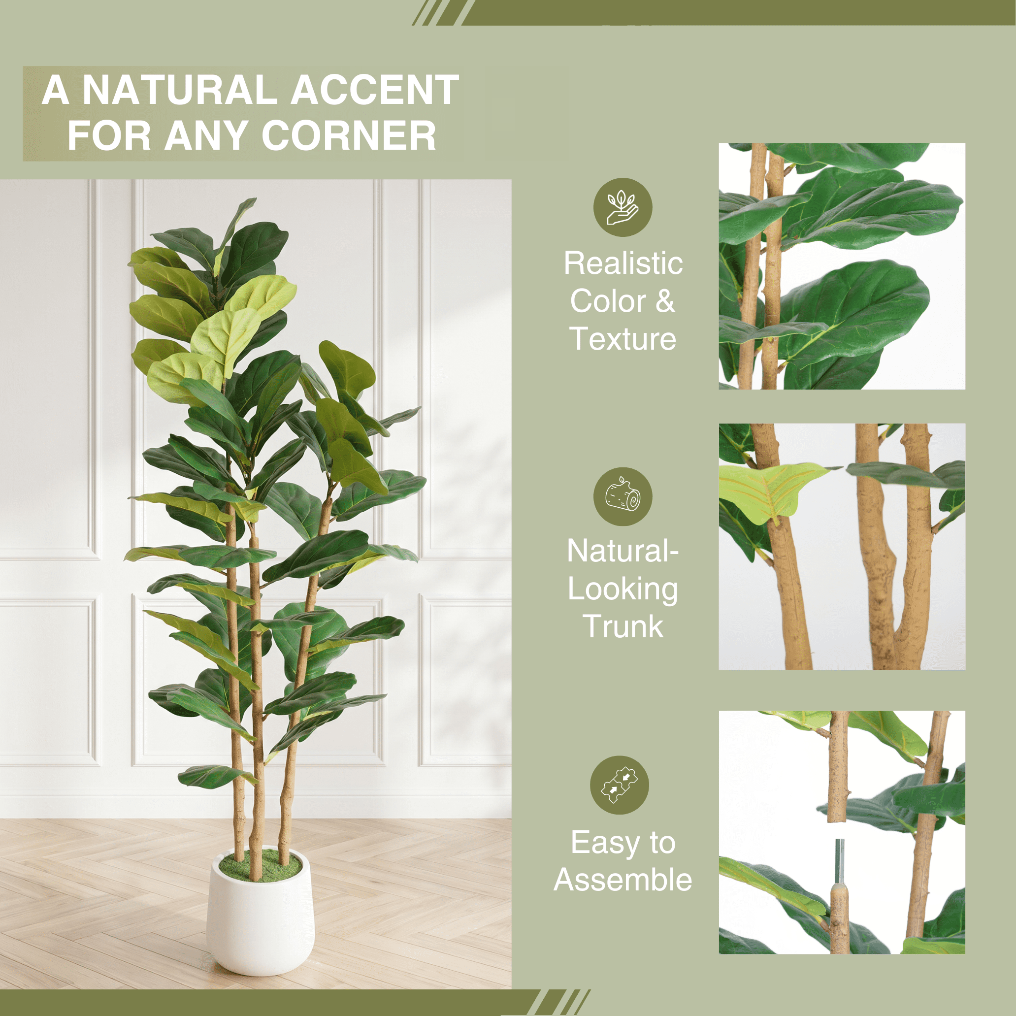 5.2FT Artificial Fiddle Leaf Fig Tree with White Planter Pot,Leaves Lifelike Fake Indoor Plant for Home Office Living Room Decoration