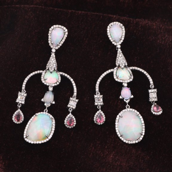 Natural Opal Tourmaline,Diamond Gemstone 925 Sterling Silver Earrings