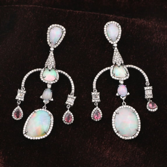 Natural Opal Tourmaline,Diamond Gemstone 925 Sterling Silver Earrings