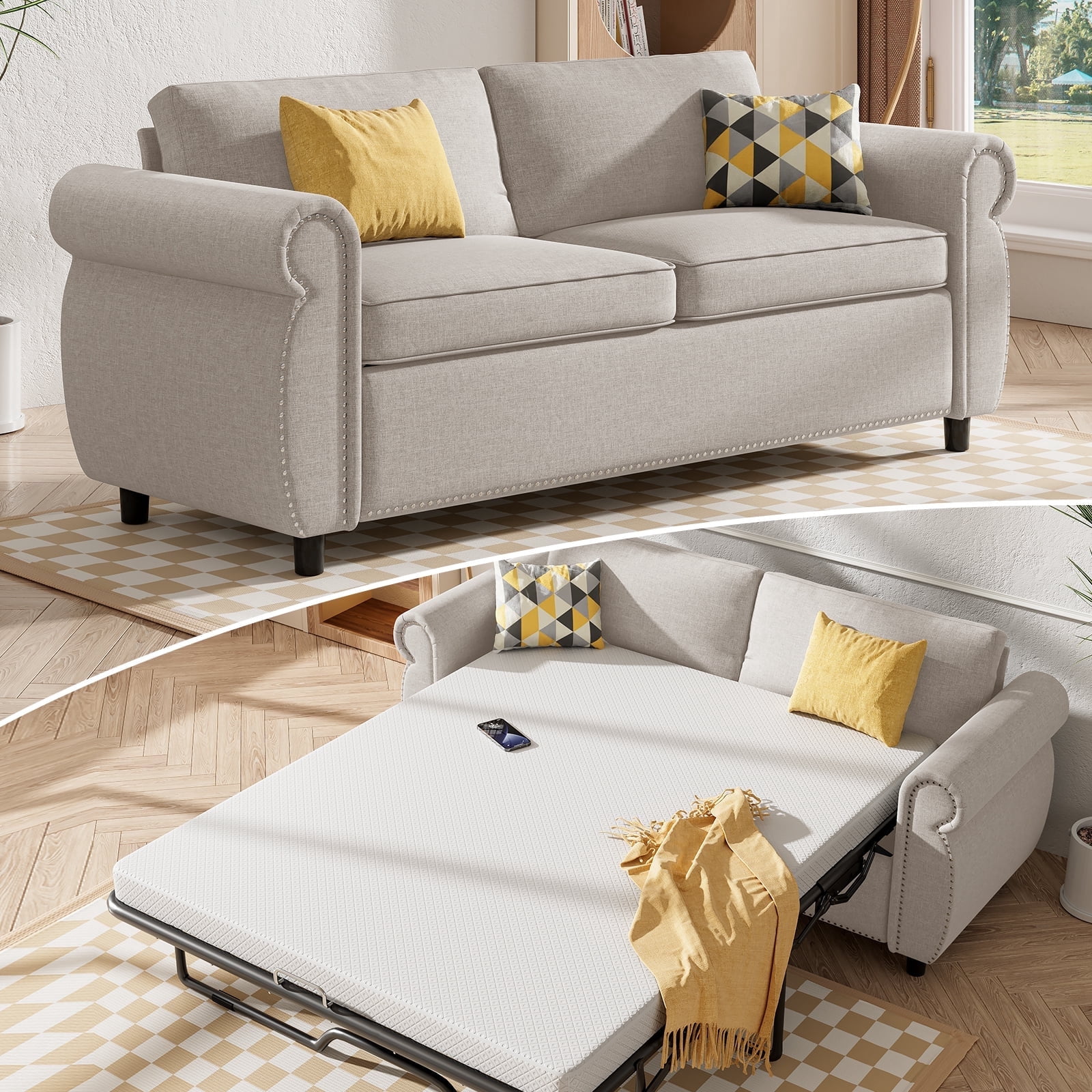 Mjkone Queen Size Convertible Pull Out Sleeper Sofa Bed with Mattress ...