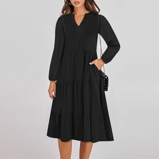 Offres de Liquidation d'Automne! Robes de Travail pour Femmes 2024, Chemise Décontractée à Col en V Couleur Unie Manches Longues Longue Robe Noire TTG