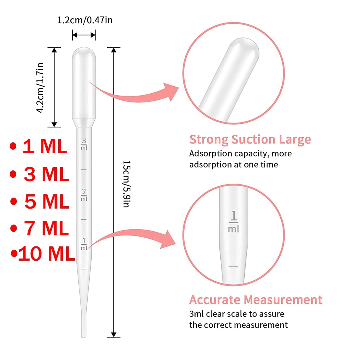 1/3/5/7/10ml Disposable Plastic Transfer Pipettes, Precise Dropper Suitable for Essential Oils Deployment,Science Laboratory, DIY Art