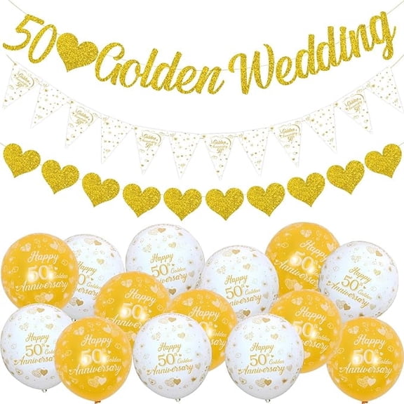 50th Wedding Anniversary Decorations for Party, Golden Wedding Anniversary Decorations, Glitter Banners, Bunting Flag and Balloons for Party Supplies