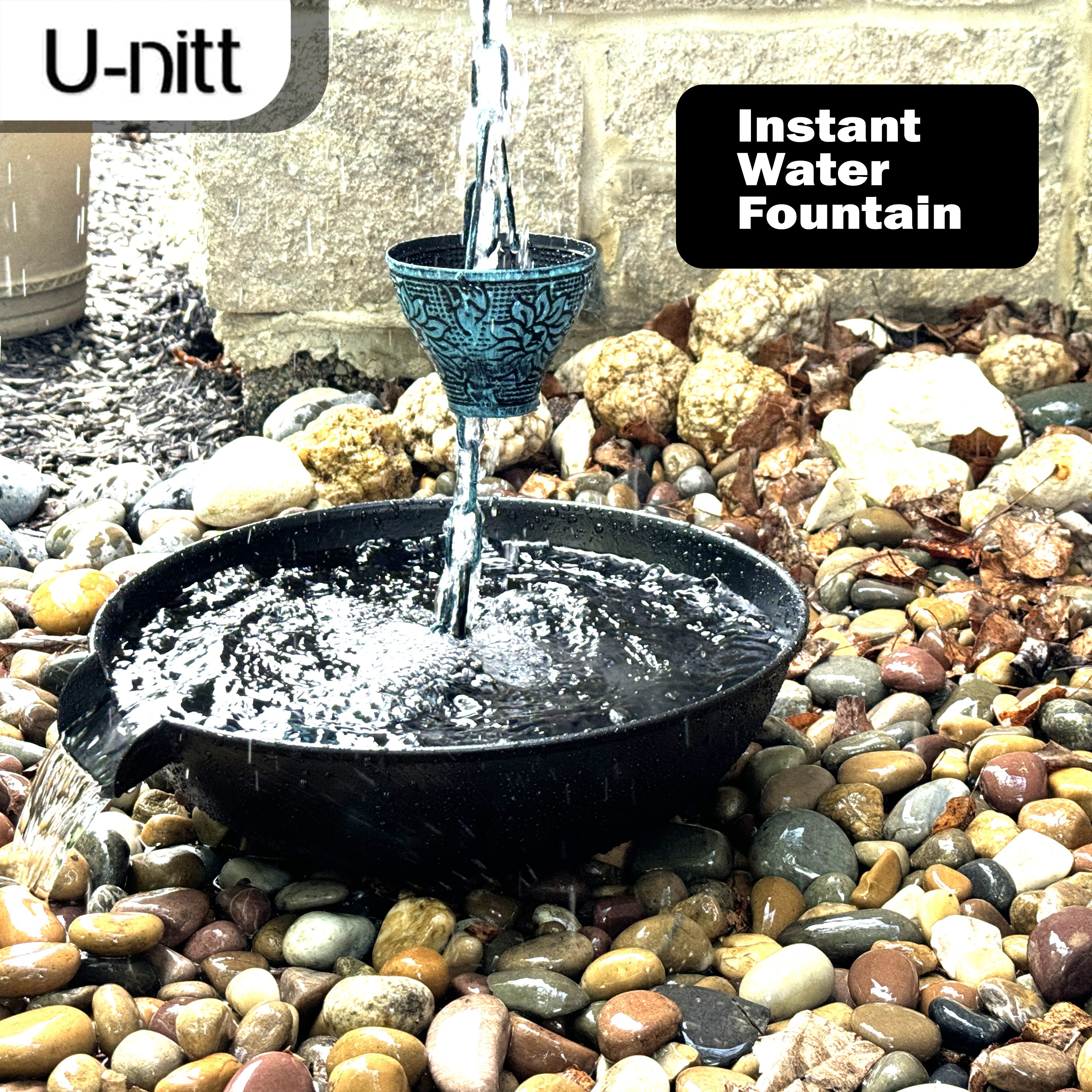 U-nitt 12" Anchoring Basin/Bowl/Dish for Gutter Rain Chain, Spill Bowl for Fountain, Flat Scupper, Birdbath Alternative, with Attachment Chain, Black Powder Coated, 972FBLK-V2