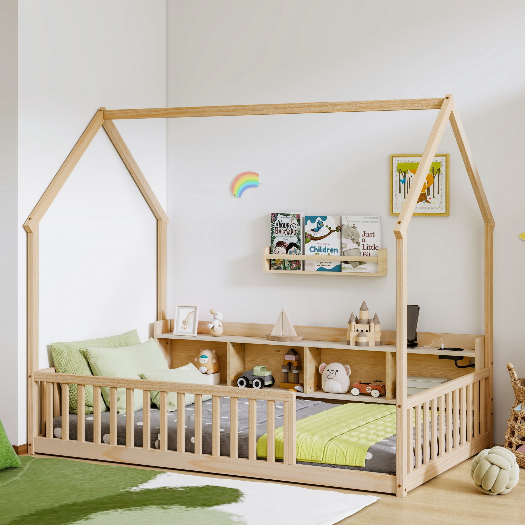 Leumius Twin Size House Floor Bed with Storage Shelves,Built-in LED Lights & Charging Station,Pine Wood Floor Bed Frame with Safety Guardrails for Kids Bedroom Natural