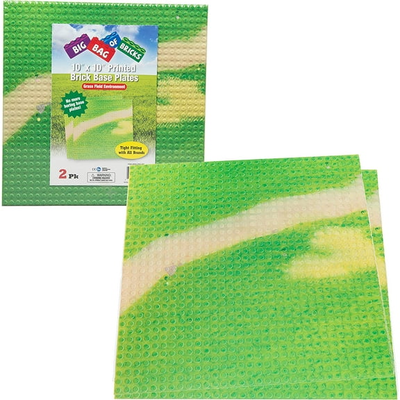 Brick Building Base Plate with Grassy Field Pattern - Large 10x10" Base Plates 2 Pack - Dual Side Connectivity, Compatible w All Brands - Gift for Kids, Boys & Girls