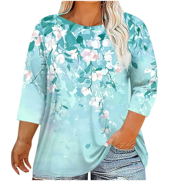 CYMMPU 3/4 Sleeve Blouses for Women Dressy Casual Round Neck Loose Fit Tunic Tops Summer Fashion Shirts Spring Tops Flower Printed Plus Size Blouse XXXXXL