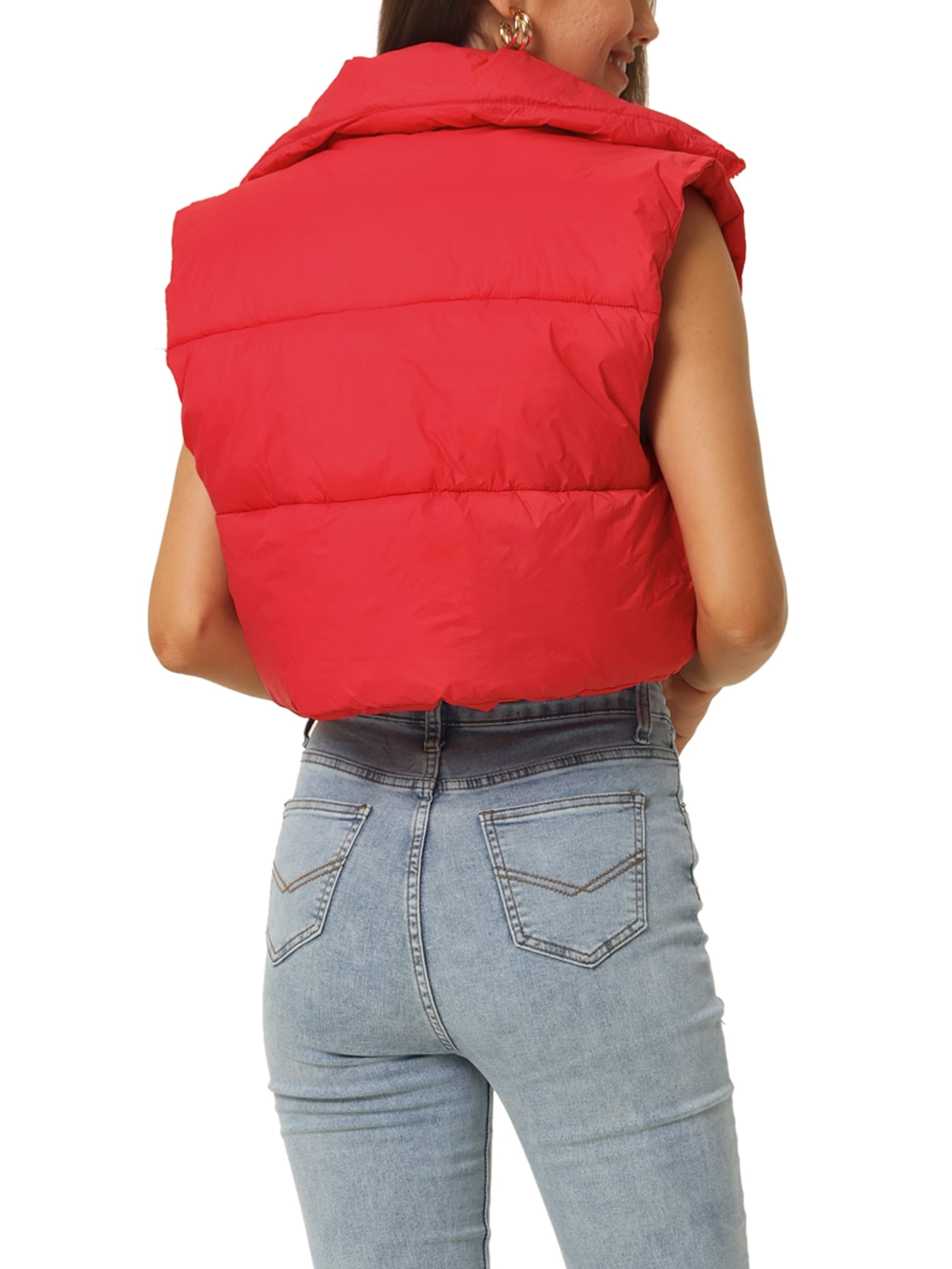 Unique Bargains Women's Padded Vest High Stand Collar Zip Crop Fashion Jacket Puffer Vests M Red
