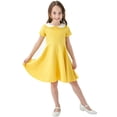 thumbnail image 5 of Byoo Tween Girl Classic Peter Pan Collar Flare Dress Short Sleeve Solid Color Skater Dress School Uniform Versatile Dress,Yellow, 5 of 8