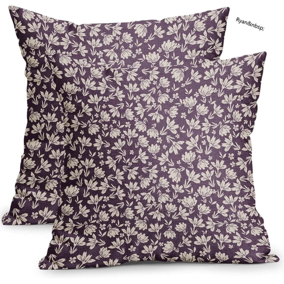 Ryan Vintage Floral Pillow Covers 16x16 Inch Set of 2, Dark Purple and Cream Flower Throw Pillows, Small Floral Print Rustic Cotton Linen Cushion Cover for Couch Decor