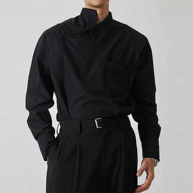 pstuiky Camisas casuales de manga larga para hombre, Camisa vintage informal de color liso con bolsillos irregulares y botones y cuello vuelto para hombre Tops de talla grande para hombre xxl