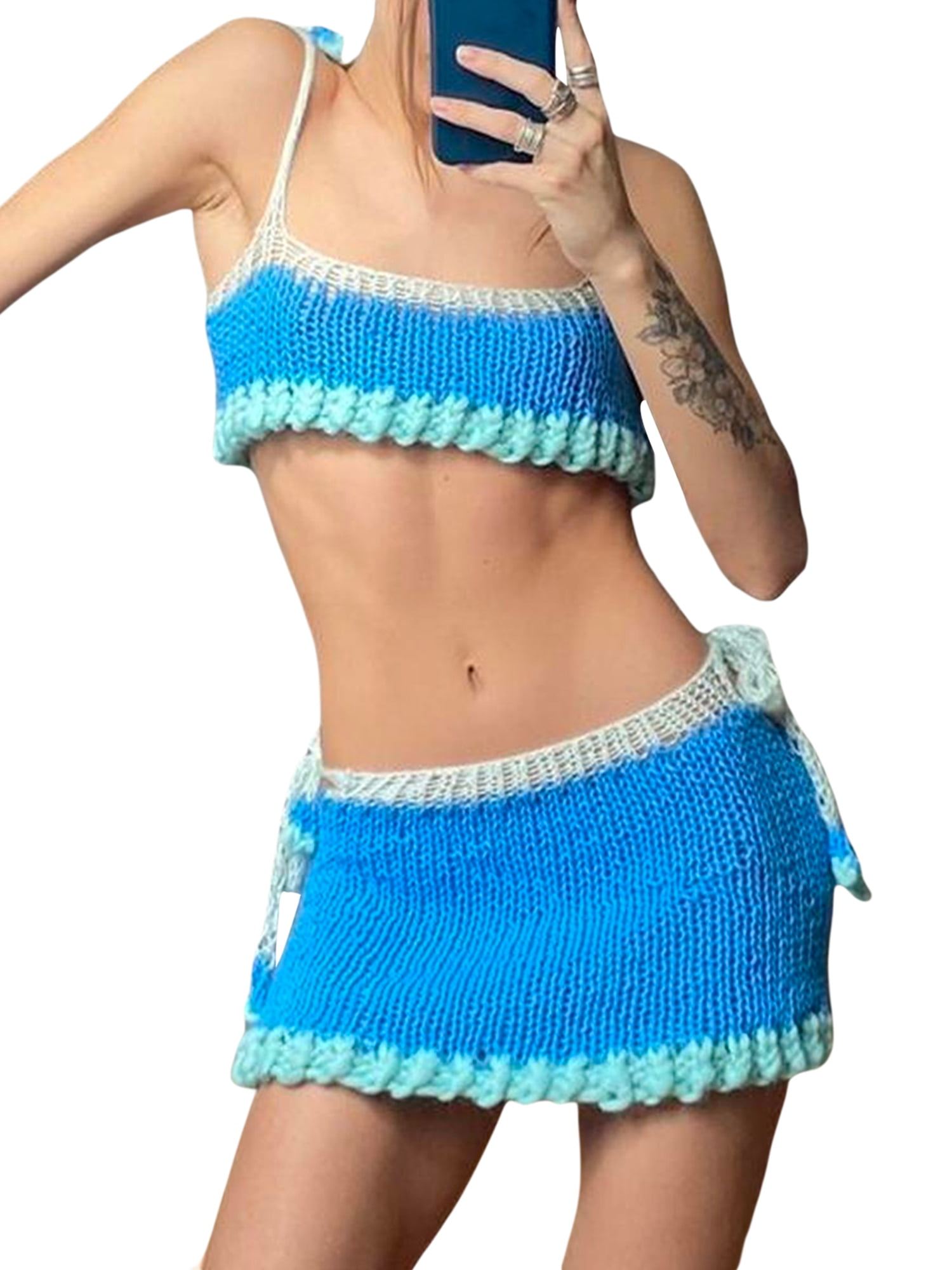 Peyakidsaa Women's Knit 2 Piece Outfits Crochet Hollow Out Crop Tops and Skirt Set Summer