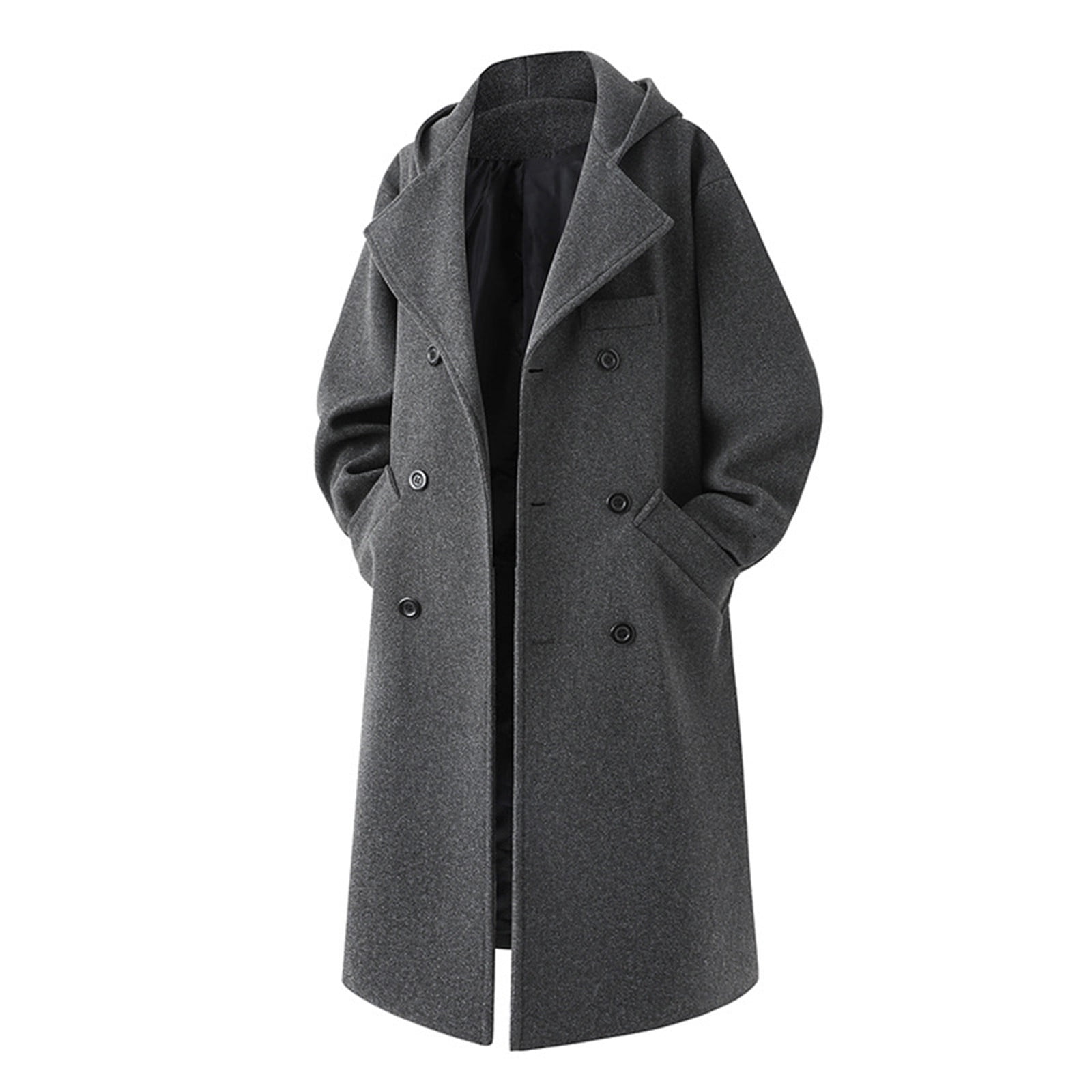 Lovzfmll Men's Trench Coat Hooded Double Breasted Mid-Length Wool