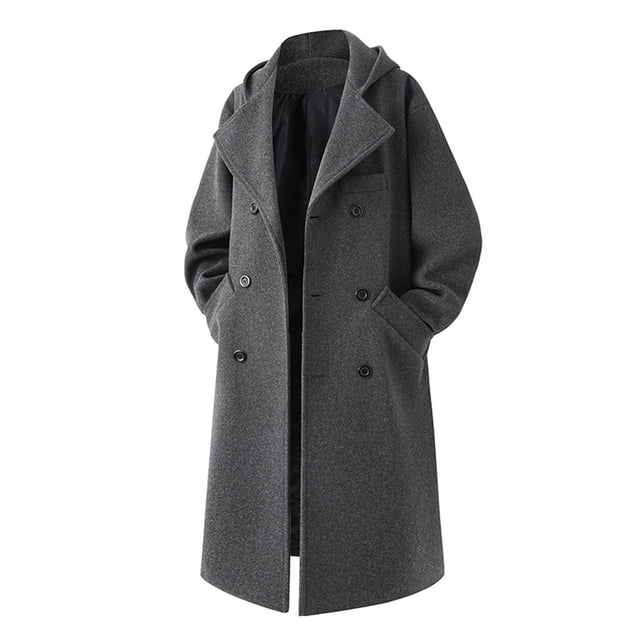 Men's Fashion Solid Color Mid-Length Button Up Hooded Casual Overcoat for Winter
