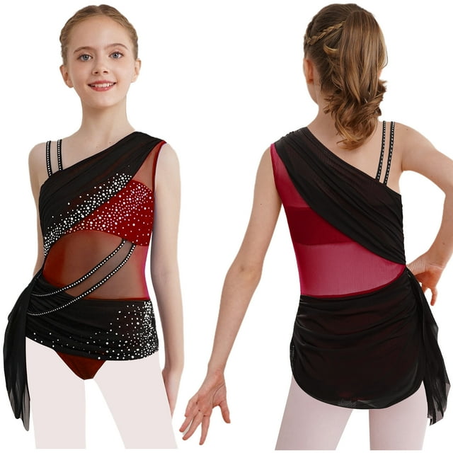 Ocealan Justaucorps de Patinage Artistique pour Filles, Justaucorps de Danse Rythmique, Combinaison Asymétrique Bourgogne 6