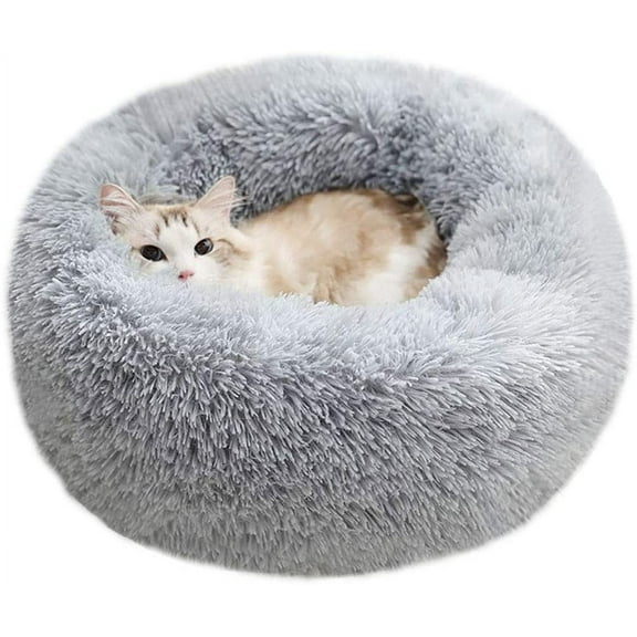 BODISEINT Modern Soft Plush Round Pet Bed for Cats or Small Dogs, Mini Medium Sized Dog Cat Bed Self Warming Autumn Winter Indoor Snooze Sleeping Cozy Kitty Teddy Kennel (M(23.6”Dx7.9 H), Light Grey)