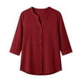 thumbnail image 4 of Perfectbot Women's Collarless Button Down Shirt, 3/4 Sleeve Cotton Linen Tunic Blouse with Curved Hem, 4 of 8