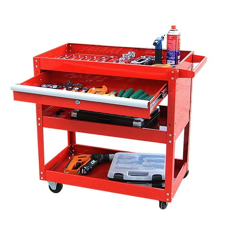 

Mechanic Tool Cart 3-Tier Large Rolling Tool Cart with Drawer Lock 4-Wheel Tool Service Cart & Utility Tool Cart for Garage Warehouse (Red)