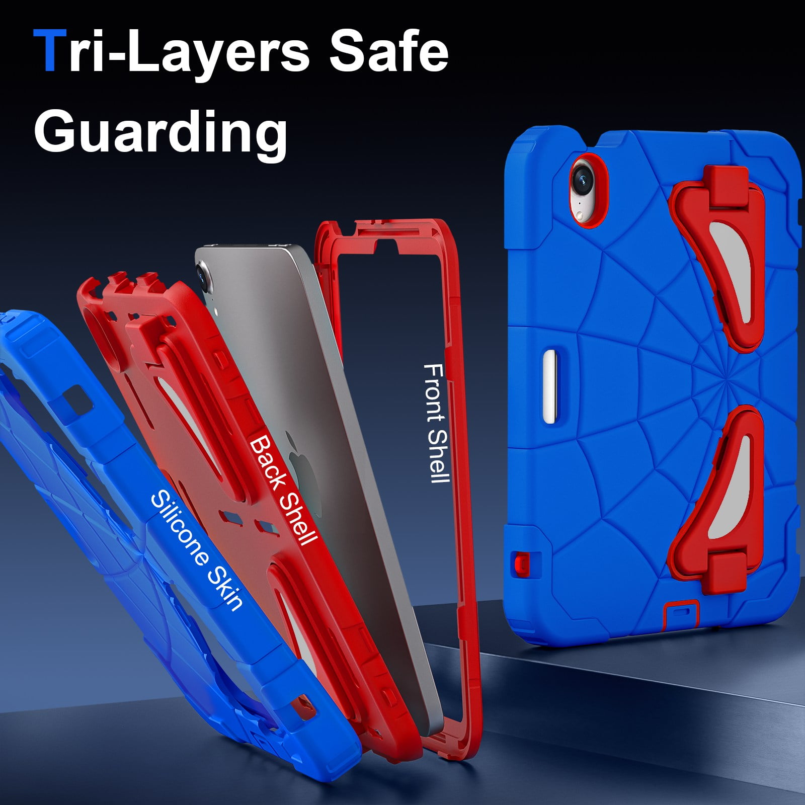 ELEHOLD Kids Friendly Case For iPad Air 11-inch M3 (2025) / M2 (2024), Heavy Duty Shockproof Rugged Protective Case with Pencil Holder Foldable Kickstand for Boys Children Case, Blue+Red