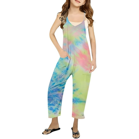 Gelikeya Girls Summer Casual Jumpsuits Size 13-14 Years Tie Dye Printed Casual Summer Cute Clothes Sleeveless V Neck Rompers Spaghetti Strap Outfits with Pockets (Teens, Light Green)